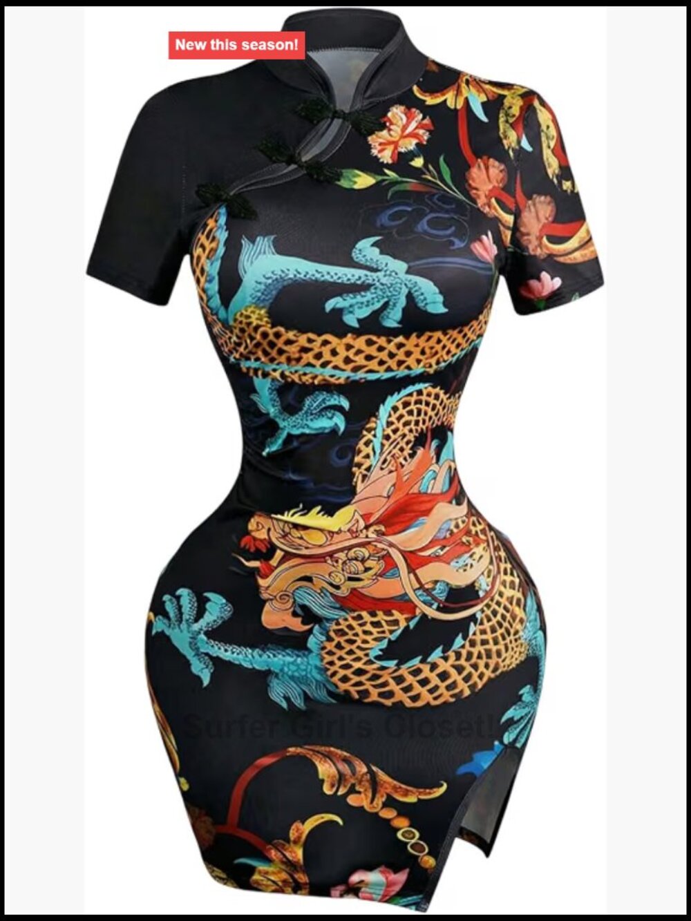 Women's Dragon Print Cheongsam Dress Mandarin Collar Bodycon Qipao
